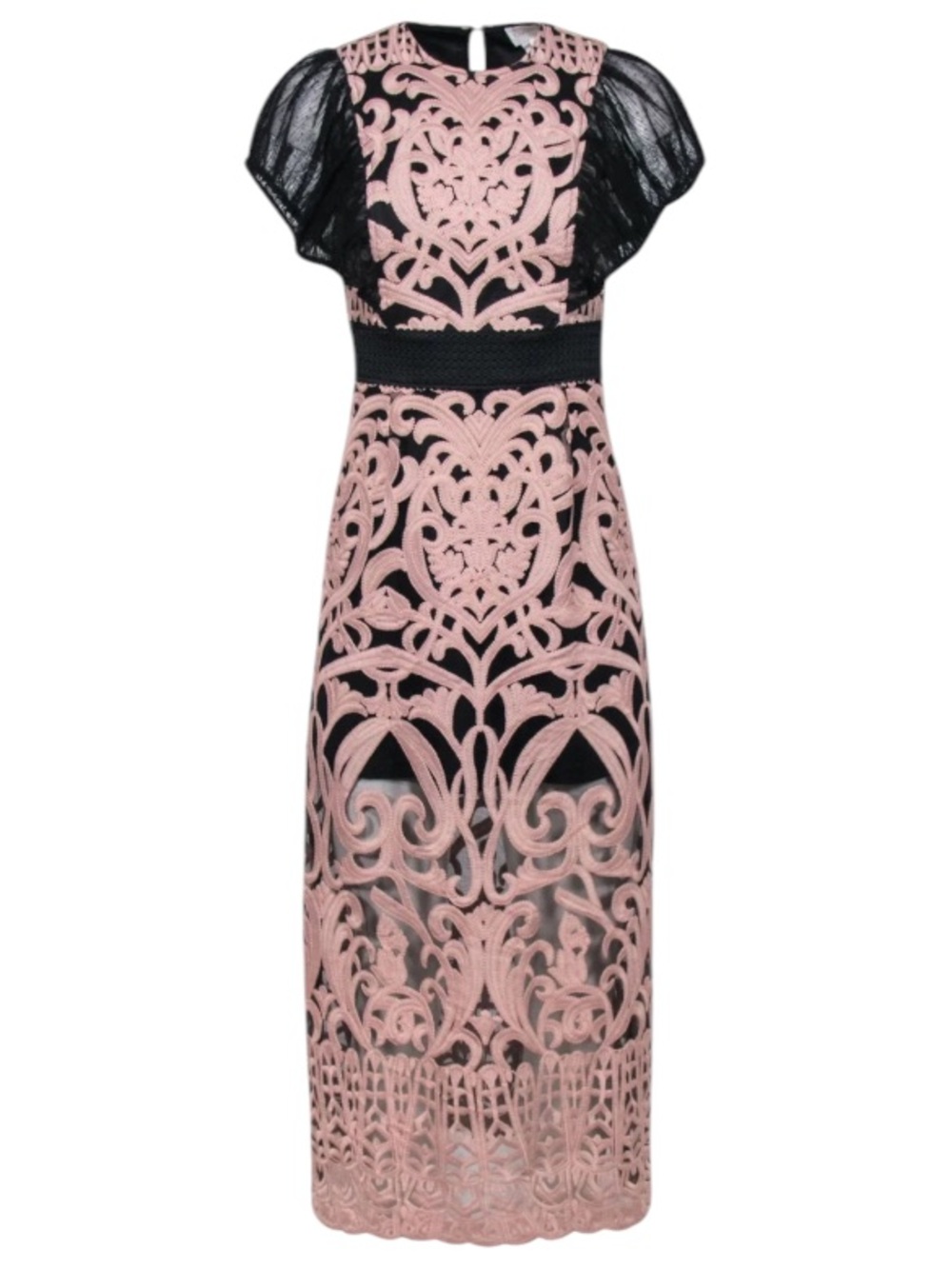 foxiedox Rosabel Embroidered Midi Sheath Dress in Blush - Size XS